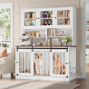 Dog Crate Furniture for Large Dogs for 2 Pets with Divider, Front&Sides 4 Doors Dog Kennel with Feeding Bowls, Indoor Cage/Side Table/Bookshelf with Storage Shelves Heavy Duty Dog House (White/Brown)