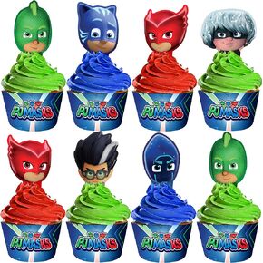 Treasures Gifted Officially Licensed PJ Masks Birthday Decorations - 24ct Cupcake Toppers & Wrappers - PJ Masks Birthday Party Supplies - Cake Decorations