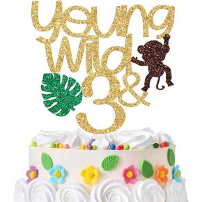Young Wild and Three Cake Topper, Happy 3rd Birthday Decorations, for Kids 3rd Birthday Party Cake Decor, Gold and Brown Glitter