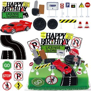 22Pcs Driver License Cake Tire Sculpture New Driving Cake Decorated 16th 17th Birthday Top for Celebrating New Drivers for Birthday and Road Signs Theme Party Supplies