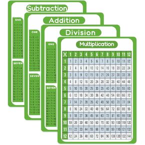 Dinggaogao 8.27 x 11.22 Inch Laminated Math Table Charts - Addition Subtraction Multiplication Division Educational Table Chart Posters for Kids(4 pieces)