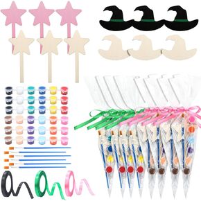 12 Sets Witch Pink and Green Paint Your Own Party Favors Wooden Painting Craft Kit Include Cards and Art Supplies for Witch Princess Favor DIY Craft Kit Birthday Gift Party Supplies