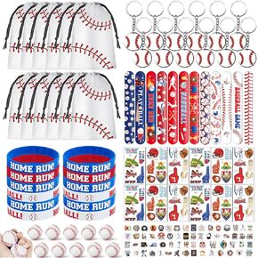132 Pcs Baseball Party Favors Drawstring Bags Baseball Goodie Bag with Mini Ball, Wristband, Slap bracelets, Keychains, Baseball Stickers,Tattoo Stickers for Baseball Themed Party Supplies