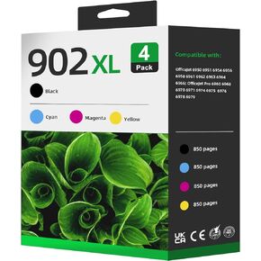 902 902XL Ink Cartridges Compatible for HP Printers 902 XL Color and Black Ink Cartridges Combo Pack Works for OfficeJet 6958 6950 6951 6954 OfficeJet Pro 6978 6968 6970 6960 Printer(4 Pack)