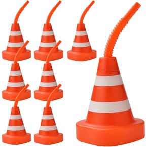 8-Pack Construction Cone Cups Set, 10 oz Kids Party Favor Cups with Straws Bulk for Construction Traffic Theme Racing Car Birthday Party Supplies