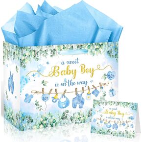 Blue Baby Shower Birthday Gift Bag for Baby Boys A Sweet Baby Boy is On The Way Bag with Wrapping Paper Card Greenery Watercolor Gift Bag for Baby Shower Gender Reveal Birthday Party Supplies