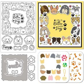 GLOBLELAND Dog Border Frame Clear Silicone Stamp Metal Cartoon Animals Cutting Die Cuts Puppy Claw Bone Paint Craft Stencils for Card Making Scrapbooking Craft DIY Embossing