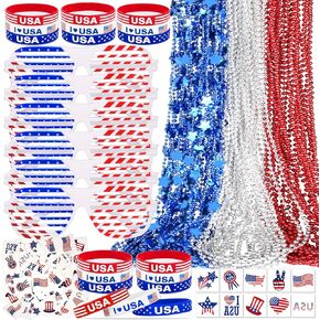 140 Pack 4th of July Patriotic Accessories, Glasses Necklaces Bracelets Tattoos for Fourth of July, USA American Flag Party Favor Supplies, Independence Day, Memorial Day Decorations