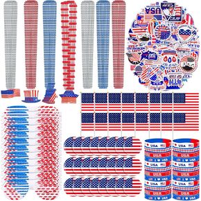 Ceenna 4th of July Accessories for 24 Employee 264 Pcs Patriotic Party Favors, Include Shutter Glasses Bracelets Necklaces Handheld Us Flags American Flag Pin and Stickers for Independence Day