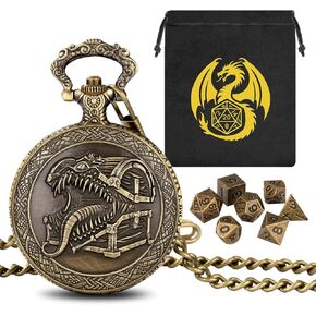 Mini DND Dice Set, with Steampunk Tongue Treasure Chest Pocket Watch Shell Case, 7-Piece Polyhedral Metal D&D Dice, DND Gift Bag with Dragon Logo, RPG, Role Play Board Game Accessories, Bronze