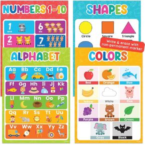 Decorably 4 Vibrant Extra Large Learning Posters for Toddlers 1-3, 17x24in PET-Laminated Easy-to-Write-On and Erase Educational Posters for Toddlers 1-3 with Alphabet, Numbers, Shapes, Colors