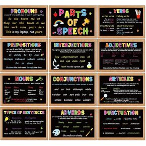 FYSUIMU 12 Pcs Parts of Speech Posters English Grammar Chart Language Art Bulletin Board Cutouts for Back to School Elementary Middle High Teacher Educational Classroom Decor (Blackboard)