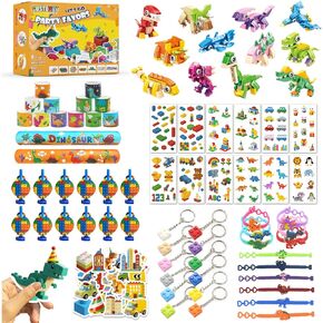 132PCS Building Blocks Party Favors for Kids Ages 6-12 – Dinosaur Party Supplies with Stickers, Keychains, Adjustable Wristbands for Birthday Gift Classroom Rewards & Goodie Bag Fillers