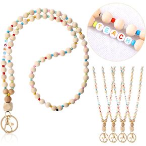 Glenmal 5 Pcs Cute Teacher Lanyard for ID Badges and Keys Wooden Beaded Lanyard Cute Portable Keychain Lanyard for Christmas Teachers Gift Employees Students Worker Cards Keys ID Badges