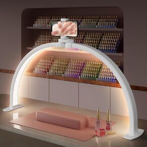 Half Moon Light for Nail Desk with Phone Stand, 3 Color Modes,10 Brightness, 29in 38W Foldable Arch Light for Nail Tech, Nail Lamp for Table for Beauty Care, Lash, Handicraft, Tattoos, White