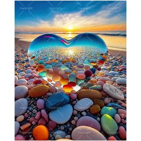 Romantic Paint by Numbers Kit for Adults - DIY Heart Glass and Pebble Beach Sunset Painting on Canvas 16x20 Inches,Acrylic Paint Set,Suitable for Beginners,Love Art for Home Decoration/Gifts