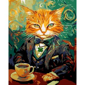 Paint by Numbers Kit for Adults,A Cat Drinking Coffee Color by Numbers for Adults,DIY Acrylic Watercolor Oil Painting,Starry Night Cat Number Painting Suitable for Home Wall Decoration (16x20 in)