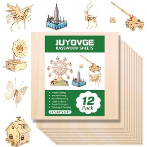 24 Pack 12"x12" Basswood Sheets 1/8", 3mm Basswood for Laser Cutting, 3mm Plywood Unfinished Wood Craft Wood for DIY Ornaments, Models, Painting, Drawing, Engraving, Wood Burning, and Laser Cutting