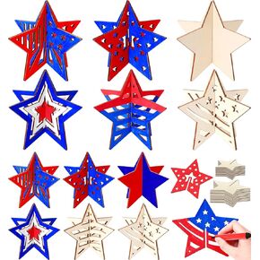 Leinuosen 48 Pcs Labor Day 3D Wooden Stars for Crafts to Paint, Paintable Unfinished Wood Crafts Set Workers' Day Table Ornaments for Painting Decorations
