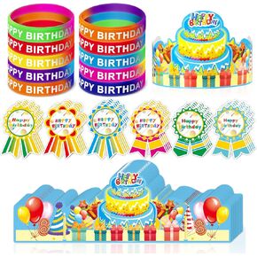 LACCHOUFEE 90 Pieces Happy Birthday Kits for Kids Classroom - Include Adjustable Happy Birthday Hats, Colored Silicone Stretch, Badge Stickers - School Teachers Students Kindergarten Party Supplies