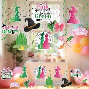 Witch Theme Party Decorations, 30pcs Witch Hanging Swirls Foil Pink and Green Crown Bow Broom Swirl Hanging Ceiling Decorations for Pink and Green Cute Birthday Wedding Party Decor Supplies