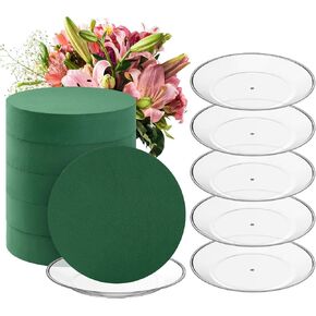 Threlaco 6 Sets Round Floral Foam and Clear Plastic Saucer Plant Drip Tray Floral Flower Dish Green Foam for Artificial Flowers Wedding Home Party Decoration