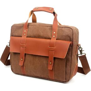 unisex Messenger Bag 15.6 Inch Waterproof Vintage Genuine Leather Waxed Canvas Briefcase Large Leather Computer Laptop Bag Rugged Satchel Shoulder Bag, Brown