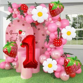 Soonlyn Berry First Birthday Decor 12Ft Strawberry Balloon Arch Kit with Strawberry Balloons Garland Foil First Daisy Dalloons for First Birthday Sweet Baby Shower, Red
