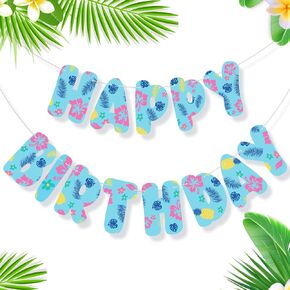 Blue Pink Hawaiian Cartoon Birthday Decorations Pre-strung Happy Birthday Banner Cute Tropical Luau Palm Leaves Banner for Summer Blue Pink Alien Cartoon Hawaii Party Supplies