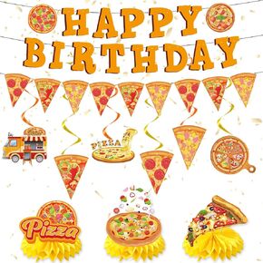 Pizza Birthday Party Decorations, Happy Birthday Banners Hanging Swirls and Honeycomb Centerpieces Decor, Pizza Themed Ceiling Table Decoration Supplies