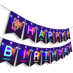 Glow In the Dark Party Banner Neon Glow happy birthday banner Glow in the Dark Birthday Party Decoration Glow Party Banner for Baby Shower Kids Neon Glow in the Dark Halloween Theme Decor