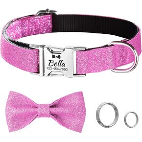 Personalized Girl Dog Collar - Pink Bling Dog Collar with Bow Tie, Engraved Dog Collar with Name and Phone Number, Pet Collar for Small Medium Large Girl Dogs and Cats