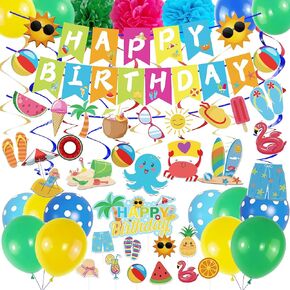 Pool Summer Party Decorations 55PCS Beach Party Decorations With Birthday Banner Hanging Swirls Cake Topper Balloons Party Birthday Decorations Water Hawaiian Luau Decorations