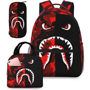 Backpack Shark Teeth Camo Backpacks Set with Lunch Box Pencil Case Travel Laptop Daypack Big Capacity Bookbag Fashion Durable Back Pack StyleXI
