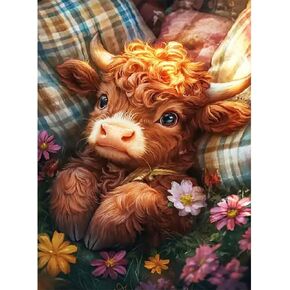 Highland Cow Diamond Painting Kits for Adults, Abstract Cow Diamond Art Kits for Adults Beginner, 5D Round Diamond Art DIY Full Drill Paint with Diamond Gem Art for Bathroom Room Decor12x16Inch