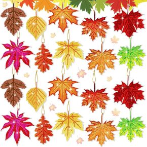 Skylety 20 Pcs Fall Diamond Art Ornament Diamond Art Keychain Kit DIY Autumn Maple Leaf Painting Keychain Craft for Adult Maple Leaf Ornament Hanging Tag Key Ring for Party Thanksgiving Tree Decor