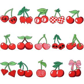 15pcs Cherry Iron on Patches, Aesthetic Red Cherry Embroidery Patches Cute Fruit Sew On Repair Applique with Bow Plaid Diamond Style DIY Accessories for Women Girls Clothes Hat Backpack