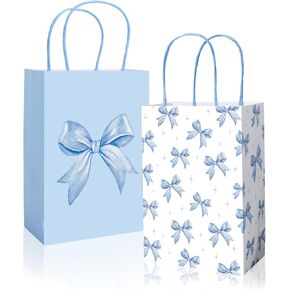 JarThenaAMCS 24Pcs Blue Bow Paper Bags Cute Bow Knot Treat Bag with Handles White Candy Goodie Bags Grocery Shopping Bag for Coquette Birthday Party Favors Supplies