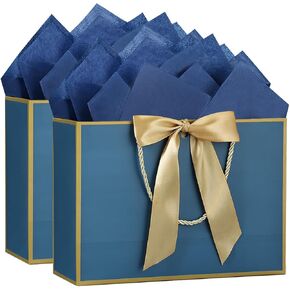 YoungTree 1PCS Large Gift Bag with Ribbon and 1 Greeting Card 2 Tissue Papers, Portable Paper Gift Bag with Handles, Birthday Gift Bags,Present Bags for Wedding Party,Mothers Day12.6" x 9.8" x 3.9"(White-Gold)