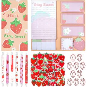 67 Pcs Strawberry Print Stuff Gifts Strawberry Stationery Set Includes 6 Pcs Strawberry Gel Pens Cute Sticky Notes 50 Pcs Cartoon Stickers 10 Pcs Paper Clips for School Office Supplies