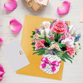 3D Colorful Paper Pop Up Bouquet Cards with Tulip, Handmade Floral Greeting Card with Blank Note Card Envelope for Spring Birthday, Mother’s Day Graduation Anniversary Women Party Gift