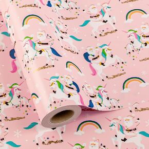 MAYPLUSS Christmas Wrapping Paper Roll - 17 Inch X 33 Feet - Reversible Fairytale Christmas Red Unicorn, Santa Claus, Rainbow, Polka Dot Design Holiday Winter Gift Wrap for Wedding, Party,Celebration