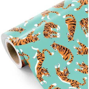 WRAPAHOLIC Tiger Wrapping Paper Roll - Mini Roll - 17 Inch x 16.5 Feet - Playful Tigers in Blue Wrapping Paper for Football Lover, Birthday, Baby Shower