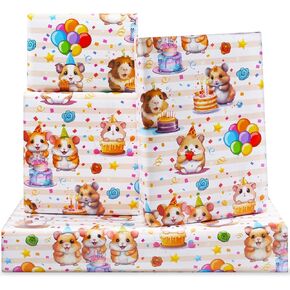 DXRJMB Hamster Birthday Wrapping Paper,7 Sheets Cute Hamster with Cake Balloon Banner Animal Party Wrapping Paper for Kids Boys Girls Foled Flat 20x28 Inches per Sheet, For Birthday Wedding Party