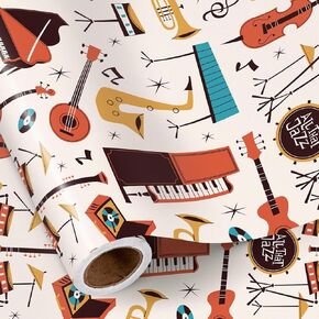 RUSPEPA Music Wrapping Paper Roll for Boys Girls, Mini Roll, Vintage Jazz Instruments Design Gift Wrap for Music Lovers, Birthday, Graduation, Teacher Gifts, 17 Inches x 16.4 Feet