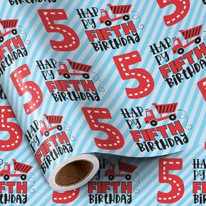 RUSPEPA 4th Birthday Wrapping Paper for Boys, Mini Roll, Truck & Happy Fourth Birthday Stripe Design, 17 Inches x 16.4 Feet