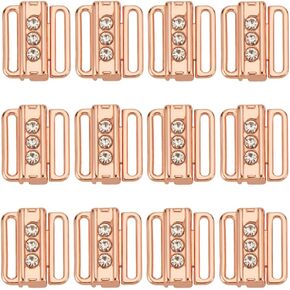 12 Pcs Rhinestone Bikini Connectors, Bra Strap Hooks for Sewing Bikini Halter Swimsuit Tops Lingerie Rings Metal Bathing Suit Clips Adjustment Slider for Slip Dress, Rose Gold