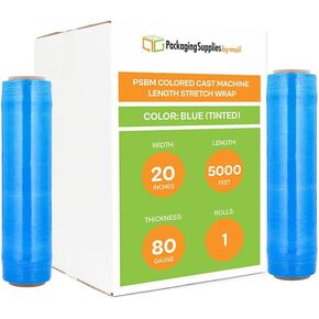 PSBM Machine Blue Stretch Wrap, 1 Pack, 20 Inch x 5000 Feet, 80 Gauge, Tinted Color Plastic Cling Designed for Pallet Machine Applicators