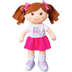Ganz Best Big Sister Plush Doll, Pink Skirt and White T-Shirt, Soft Rag Doll with Brown Hair