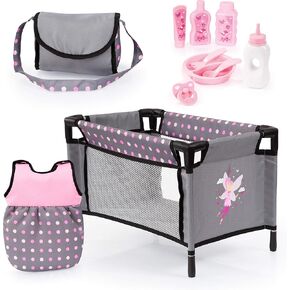 Bayer Design: Baby Doll Travel Bed and Accessories Set, Variety of Accessories, Travelbed Fits Dolls up to 42 CM Long, For Ages 3 and up,Pink